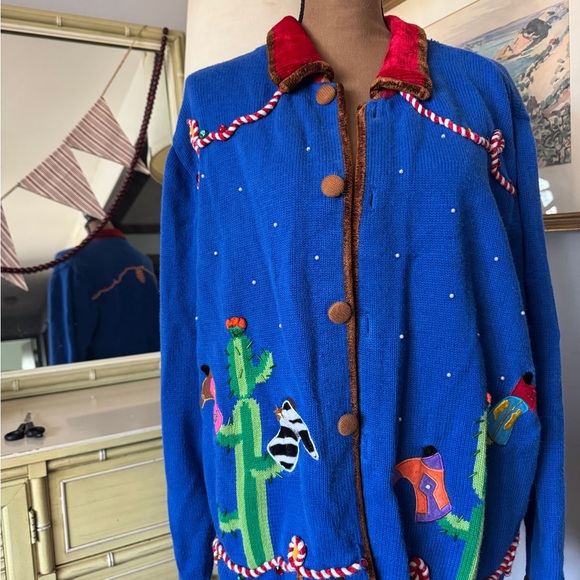 Quacker Factory Sweaters - Quacker Factory Royal Blue Embroidered Cactus Cowgirl Rodeo Cardigan